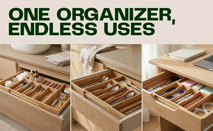 Expandable Bamboo Silverware Drawer Organizer, Kitchen Utensil Tray