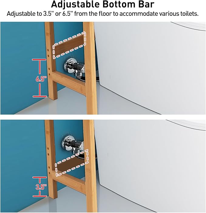 HITOMEN Over The Toilet Storage Cabinet, Bamboo Adjustable 3-Tier Above Toilet Shelf, Stable Freestanding Above Toilet Organizer with 3 Hooks for Bathroom Restroom Laundry Balcony, Natural 67" H