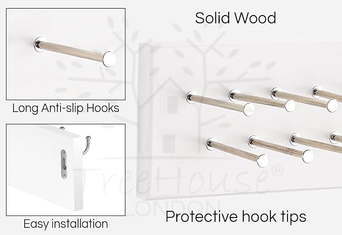 TreeHouse London Tie Rack Organizer – Holds 40 Large Ties – Solid Wood & Sturdy Metal Storage Holder for Closet – Wall Mounted Tie Display Hanger for Wall, Bedroom (White) 16''L x 4.25''H
