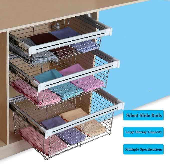 Pull Out Cabinet Storage Basket 1 Piece,Stackable Detachable Baskets,Metal Wire Mesh Storage Basket Organizer,for Kitchen Office Wardrobes Cupboard,Bearing Capacity 30kg(White,460x364x170mm)