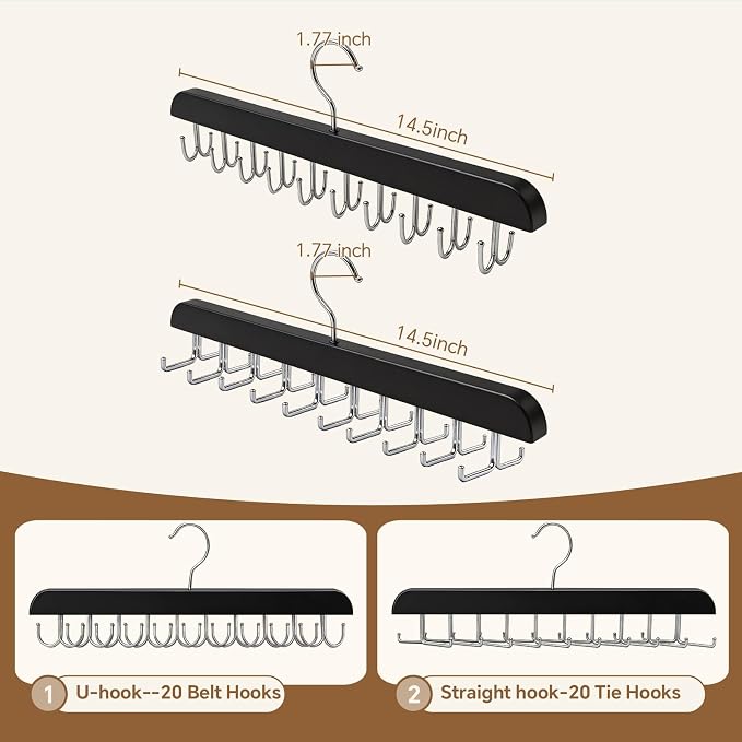 2 Pack Tie Rack and Belt Hanger 40 Hooks 360 Swivel Foldable Wooden Closet Rod Organizer Space Saving for Ties Belts Hats Bras Tank Tops Black