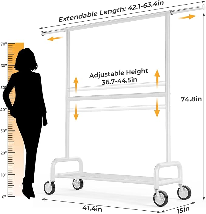 Heavy Duty Clothes Rack Load 860LBS, Double Rods Rolling Clothing Racks for Hanging Clothes, Rolling Garment Rack With Sturdy Wheels Shelves, Portable & Adjustable Commercial Garment Rack, White
