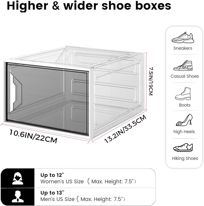 6 Pack Shoe Storage Box Organizer, Clear Thicken Stackable Plastic Shoe Boxes with Magnetic Door, Sturdy Shoe Containers for Sneakers Boots, Easy to Assemble, Fit up to US Size 12(13.2"×10.6"×7.5")