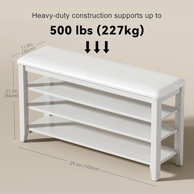 Taitiy Shoe Rack Bench Entryway Storage, Shoe Organizer Bench for Entryway, Ideal for Front Doors Entrances Hallway Mudroom Featuring Rubberwood and 3 Height-Adjustable Removable Shelve
