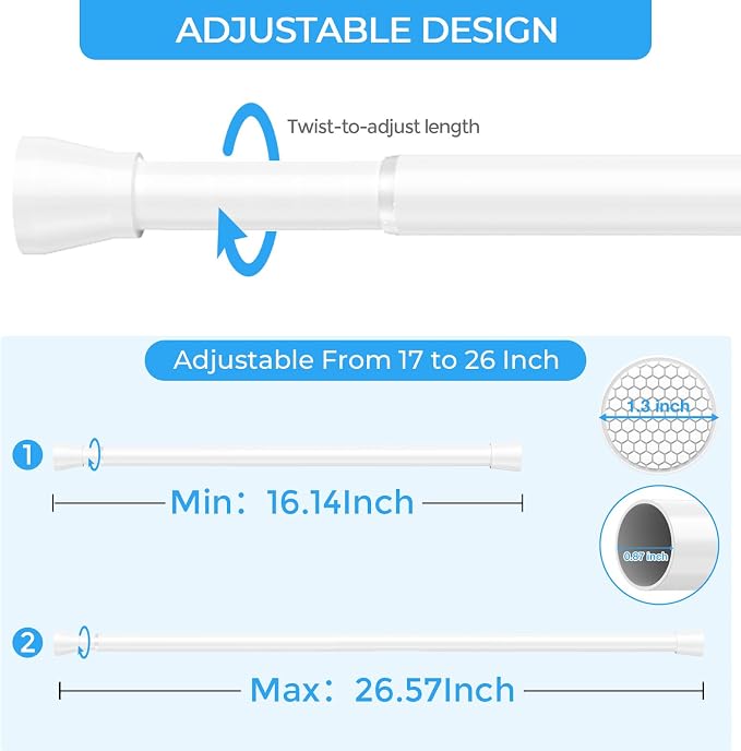 AIZESI White Tension Curtain Rod 16 to 26 Inch, 7/8” Diameter Adjustable Spring Curtain Rod Small Tension Rods, Short Curtain Rods for Window, Kitchen, Closet, Cupboard, Bookshelf DIY Projects