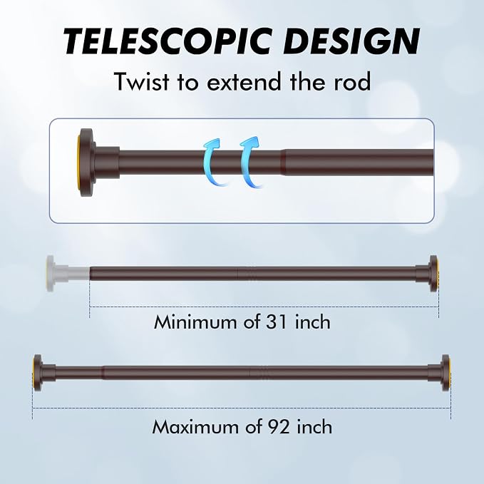 Bronze Shower Curtain Rod Tension 30 to 92 Inch,1 Inch Diameter Adjustable Tension Curtain Rod No Drilling,Shower Rods for Bathroom,No Rust