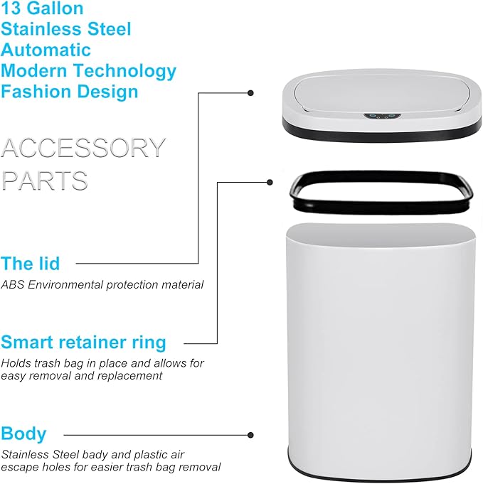Bigacc 13 Gallon Touch Free Automatic Stainless Steel Trash Can Garbage Can Metal Trash Bin with Lid for Kitchen Living Room Office Bathroom, Electronic Motion Sensor Automatic Trash Can - White