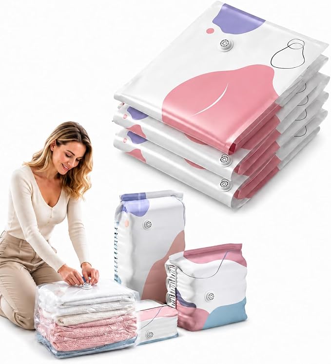 3 Pcs No-Pump Vacuum Storage Bags, Large Cube Compression Space Saver Bags | 3D upright PET+PE compression bags for clothes, comforters and blankets; reinforced base, double-zip seal, reusable design