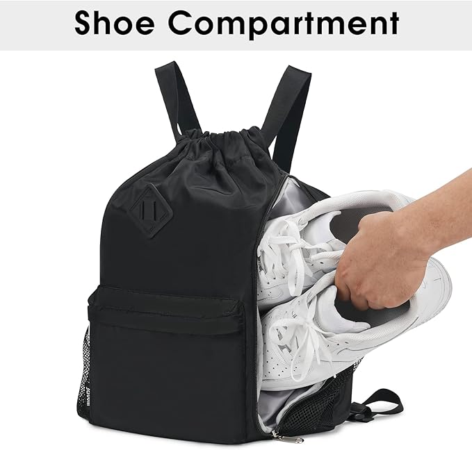 WANDF Drawstring Backpack with Shoe Compartment, Sports Gym Bag | Multi-Pocket Storage, Water-Resistant Fabric, Cinch String Bag