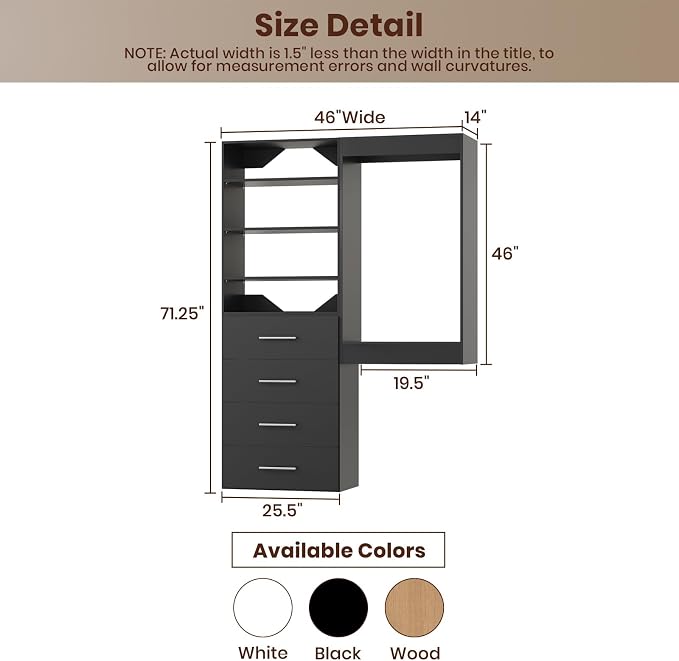 ROOMTEC Modular Closet System, 46" Wall-Mounted Closet Organizer with Drawers and Hanging Rods, Wooden Tower for Walk-In Closets, Wardrobe Storage Kit, Black