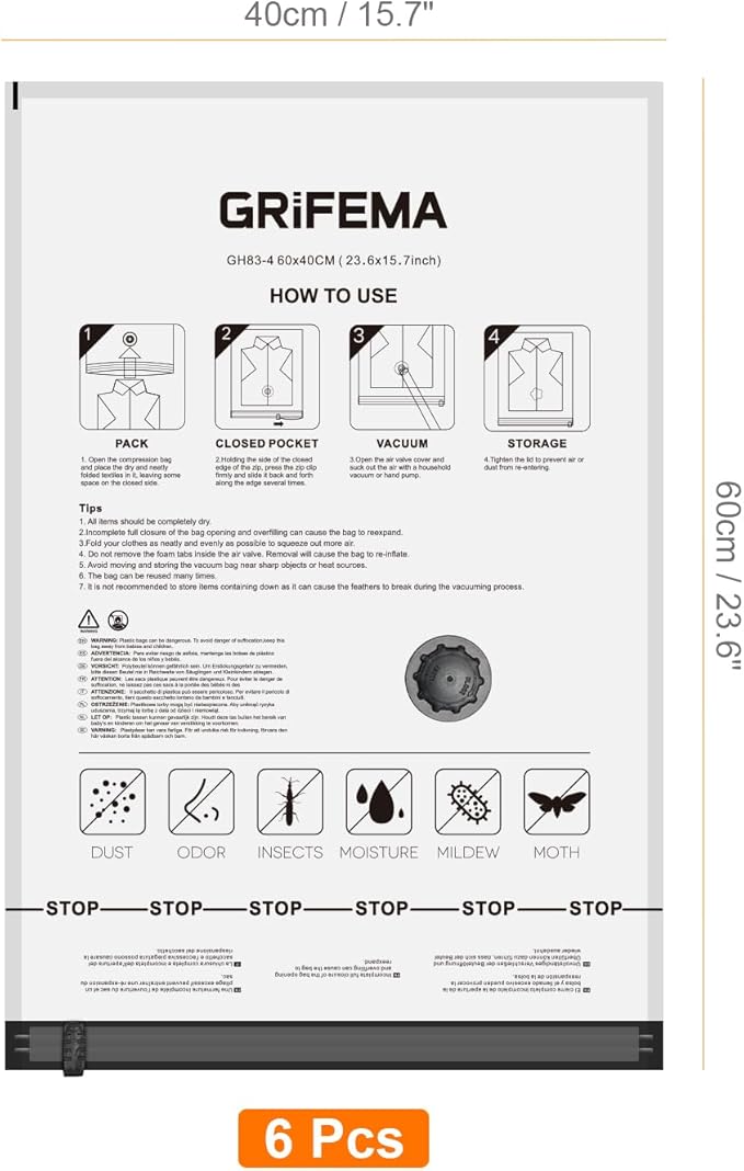 GRIFEMA GH83-4, 6 Pack Vacuum Storage Bags, 60x40 cm Reusable Compression Bags for Clothes, Bedding & Travel, Ideal for Travel, Seasonal Storage & Moving Home