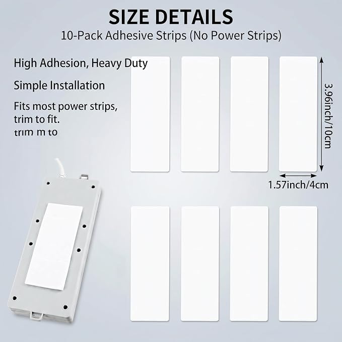 10 Pcs Self Adhesive Power Strip Holder 3.93'' x 1.57'' Punch Free Mounting Strips for Power Strip Wall Mounted Protector Wall-Mount Tape Wall Socket Holder for Home Kitchen Office