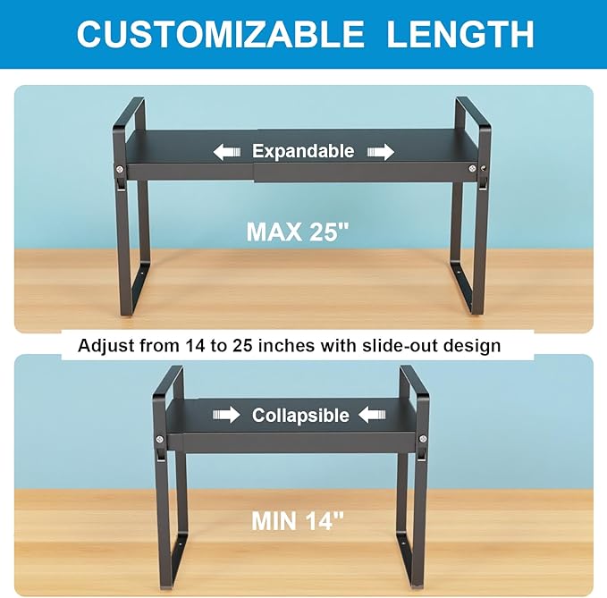 11" Deep Expandable Cabinet Organizer Shelf Riser, 14-25" Adjustable Heavy Duty Metal Pantry Storage Rack for Kitchen Cupboard, Under Sink & Countertop, 10" High Space Saver, 2-Pack Black﻿