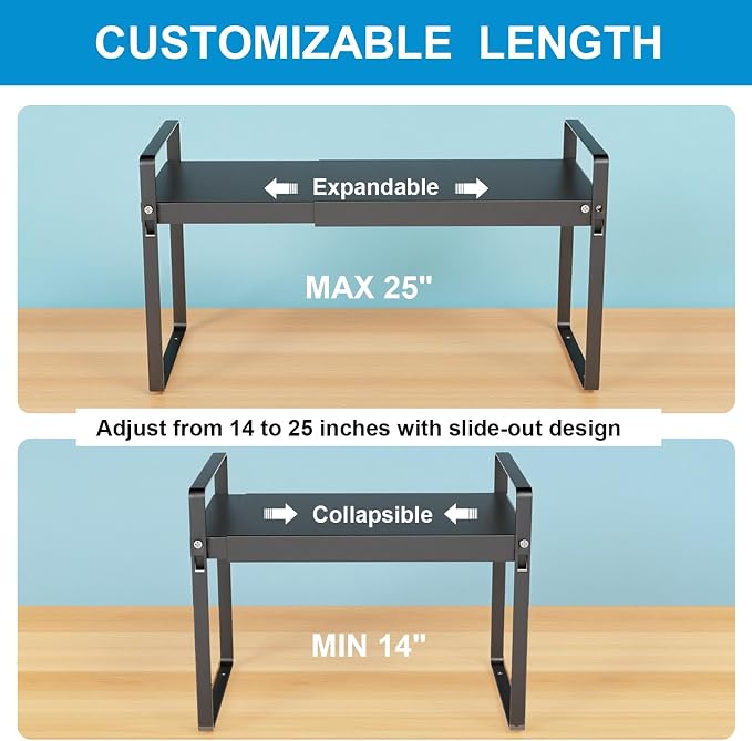 11" Deep Expandable Cabinet Organizer Shelf Riser, 14-25" Adjustable Heavy Duty Metal Pantry Storage Rack for Kitchen Cupboard, Under Sink & Countertop, 10" High Space Saver, 1-Pack Black﻿