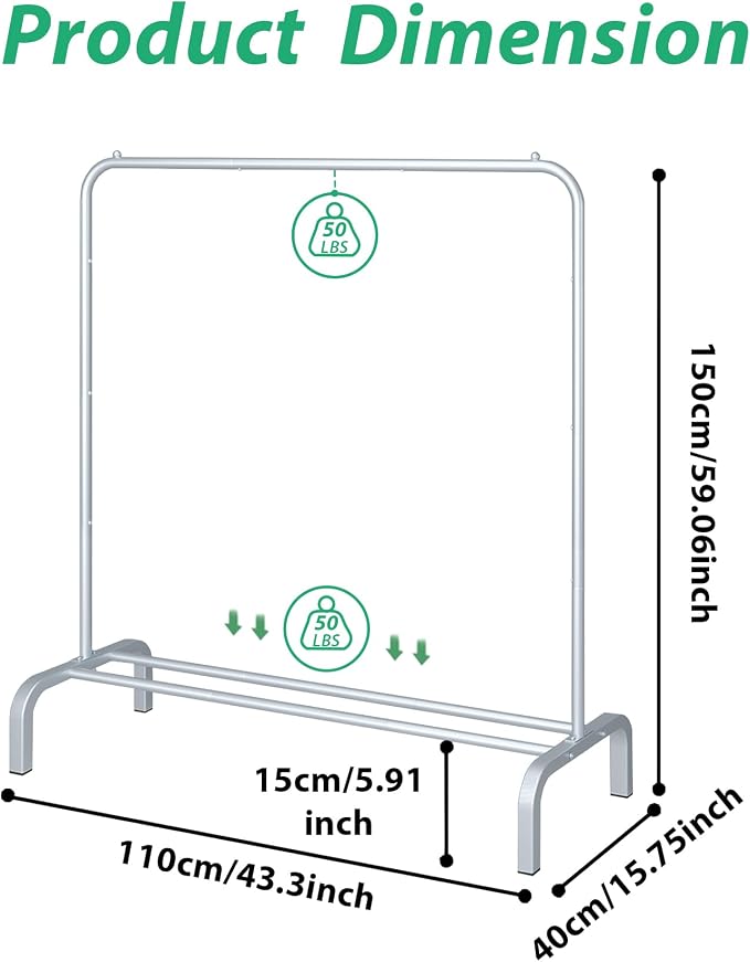 JIUYOTREE Metal Clothing Rack 43.3 Inches Clothes Garment Coat Rack with Bottom Shelf Clothing Rack for Hanging Clothes Coats Skirts Shirts Sweaters Silver Gray