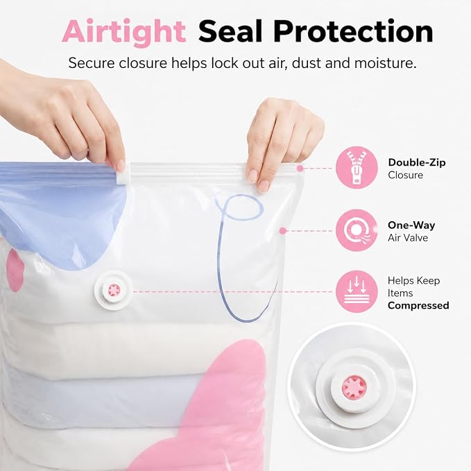 5 Pcs No-Pump Vacuum Storage Bags, Large Cube Compression Space Saver Bags