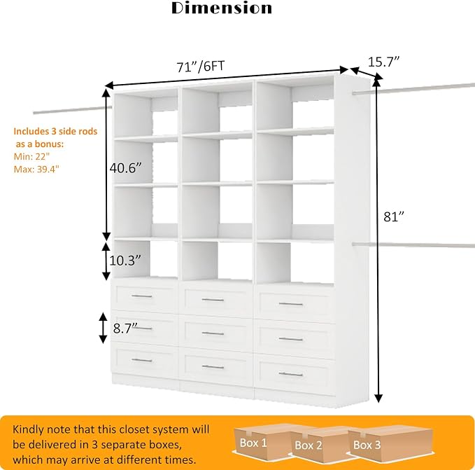 Closet Organizer System with Drawers, 6FT Wood Closet Shelving System Small Walk in Closet Standalone Corner Closets Storage with Hanging Rods White (6FT)