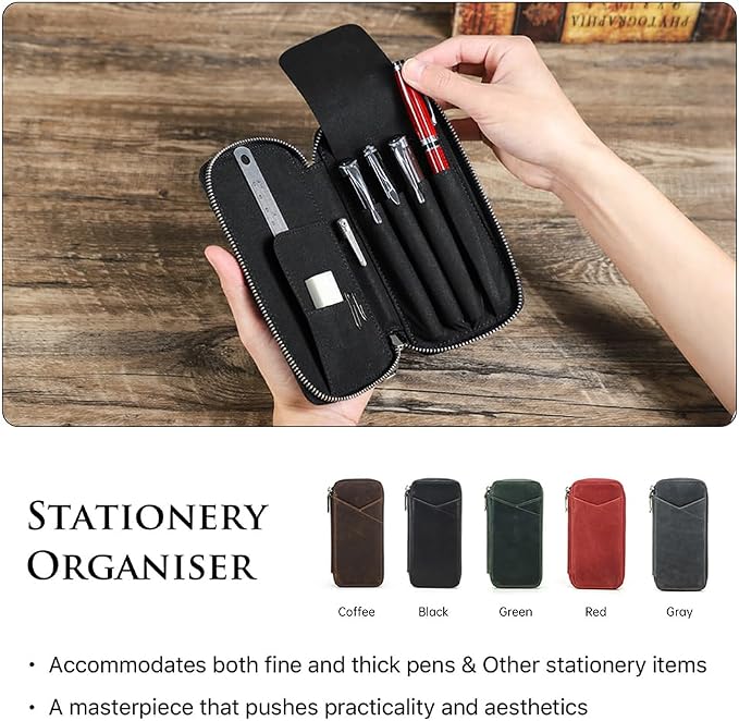 CONTACTS Full Grain Leather Pencil Case Handmade Vintage Zipper Pen Holder Pouch with Card Slot Pens Organizer Pockets Stationery Bag for Men and Women (Black)