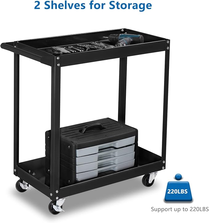 TUFFIOM 2 Tier Rolling Tool Cart on Wheels w/2 Brake, 220 LBS Capacity Heavy Duty Commercial Utility Tool Service Cart, Tool Organizer for Mechanic,Garage,Workshop,Warehouse & Repair Shop