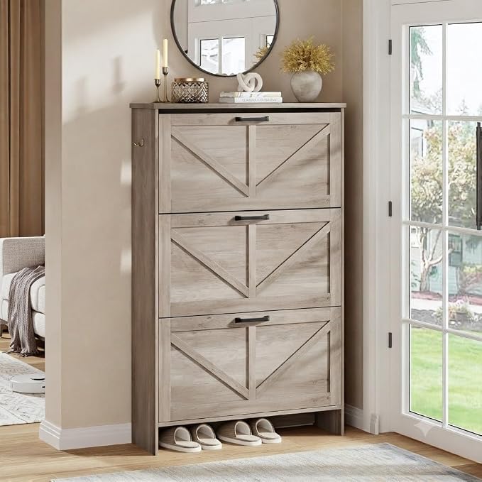 Nicetree Ultra Slim Shoe Cabinet – Shaker Barn Door & 3 Flip Drawers, Farmhouse Gray Finish – Freestanding Shoe Rack with 3-Tier Adjustable Shelves – Perfect for Narrow Entryways, Hallways, and Foyers
