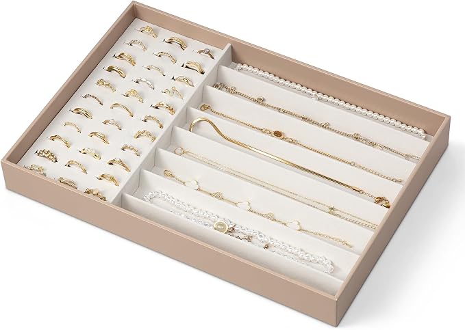 VLANDO Stackable Jewelry Tray, Drawer Organizer for Rings Necklaces,Toffee | Ring Slots, Long Sections, Vanity Storage for Necklaces, Earrings, Daily Jewelry, Gift for Women Girl