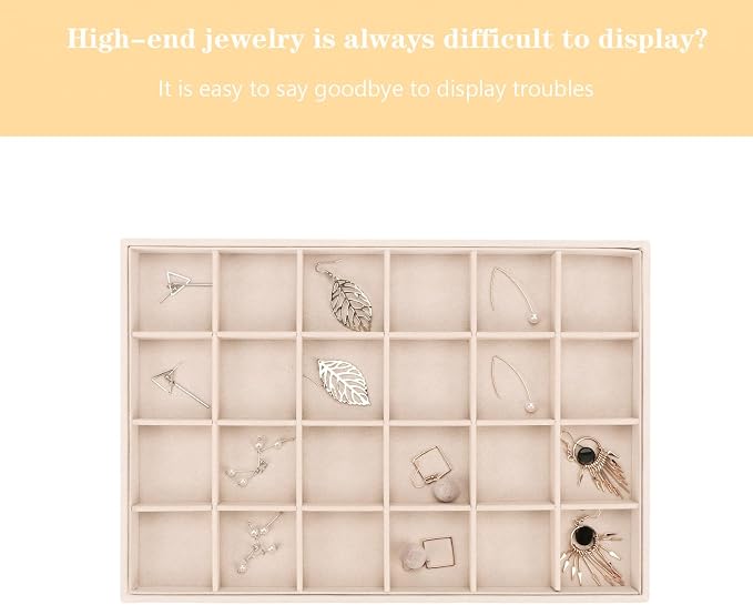 Large Velvet Jewelry Tray, Drawer Organizer for Jewelry in Dresser, Stackable Jewelry Drawer Organizer Inserts for Earring Necklace Bracelet Rings(Beige,24grid)