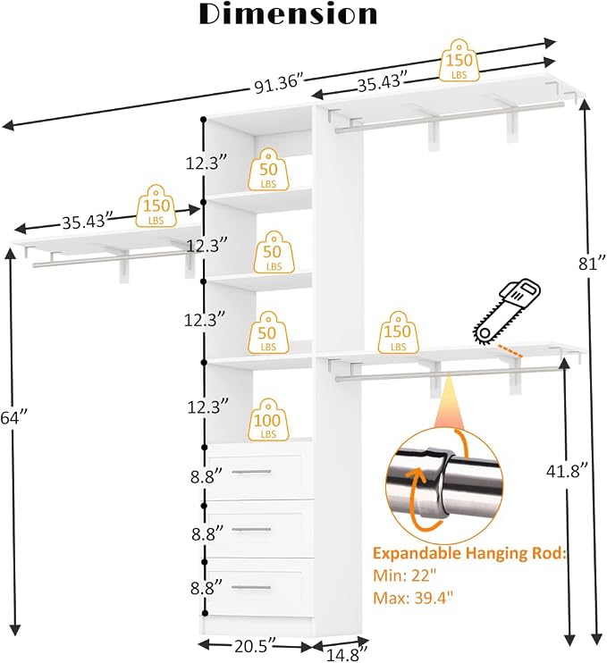 Dilando Closet Organizer System with Drawers, 5FT - 7.61FT Closet Shelving System Walk in Wood Corner Closet Storage System with 4 Shelves Custom Hanging Rods Heavy Duty Wall Mount, White