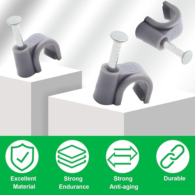 1/4" / 6mm Half Clamp J-Hook Cable Clips with Nail, Gray, 100pcs | Nail in Cable Clips, Ethernet Cable Nails Tacks Clips