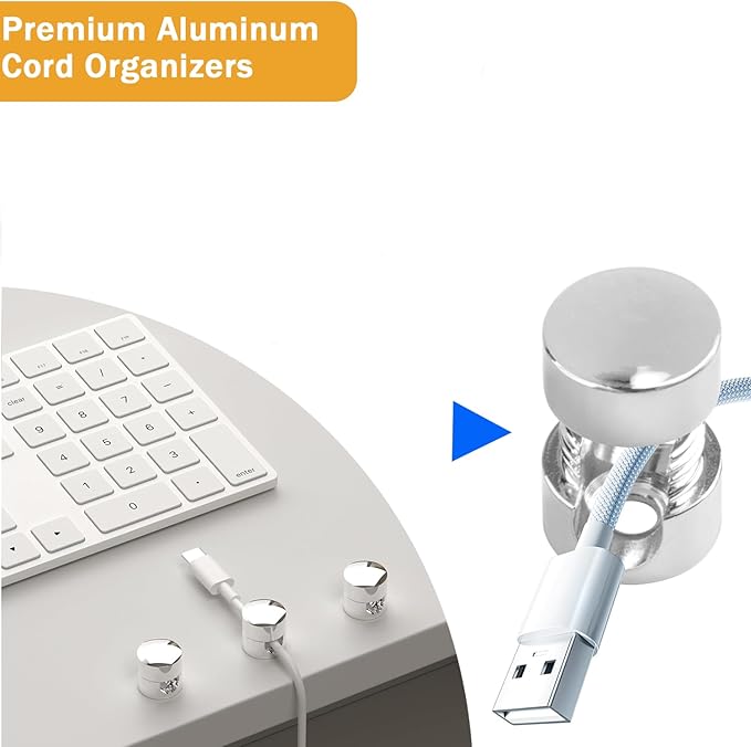 6 Sets Charger Cord Holder Stick on, Silver Metal Adhesive Cable Management Clips,Adjustable Phone Cable Anchor Holders,Wire Organizer for Desk, Wall, Home, Office, nightstand, Dresser, Chandelier