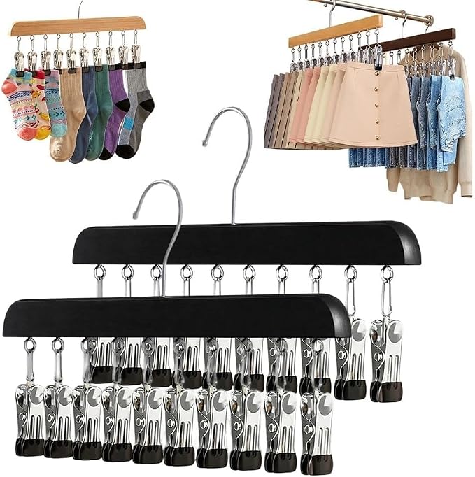 10/12-Clip Wooden Hanging Organizer, Sturdy Rack for Pants, Leggings, Socks, Hats, Scarves, Multi-Purpose Closet Storage for Home Use (2, Dark 10clip)