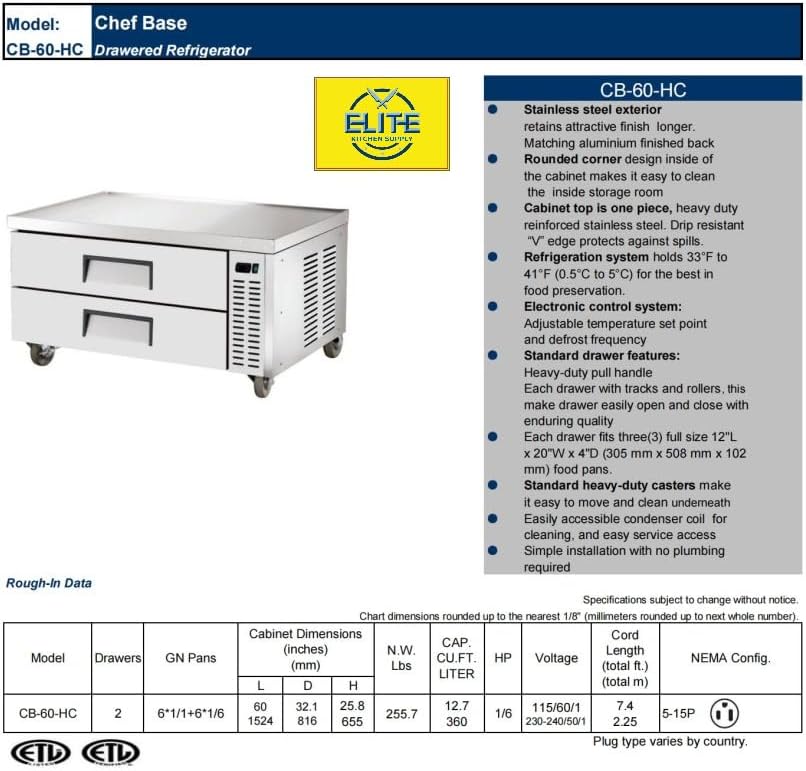 Commercial Chef Base Refrigerator, ETL Fridge Cooler, 60" W 2 Drawer