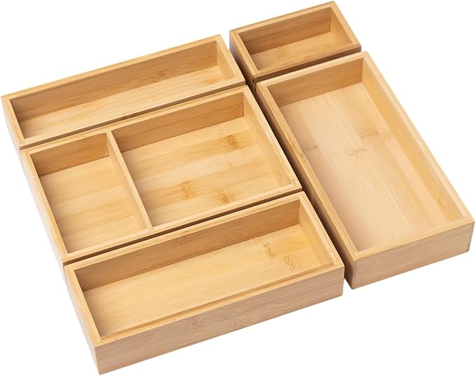 Bamboo Drawer Organizer Set, 5 Piece | Modular Wooden Storage Trays, Kitchen, Bathroom, Vanity Office Desk, Decluttering Solution, Makeup, Jewelry Office Supplies