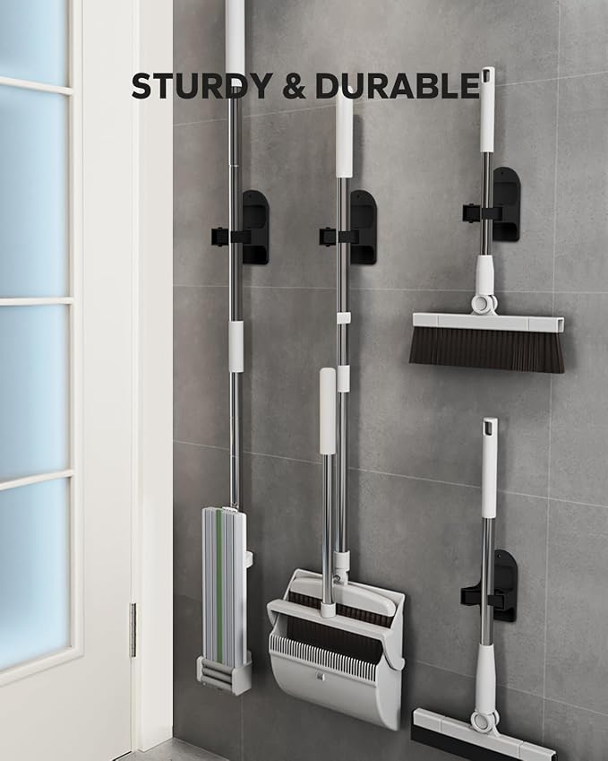 Broom Holder Wall Mount (Black 4 Count), Broom Holder, Broom and Mop Organizer Wall Hanging, Mop and Broom Holder Wall Mount, Broom Organizer Wall Mount for Home, Kitchen, Garage Storage