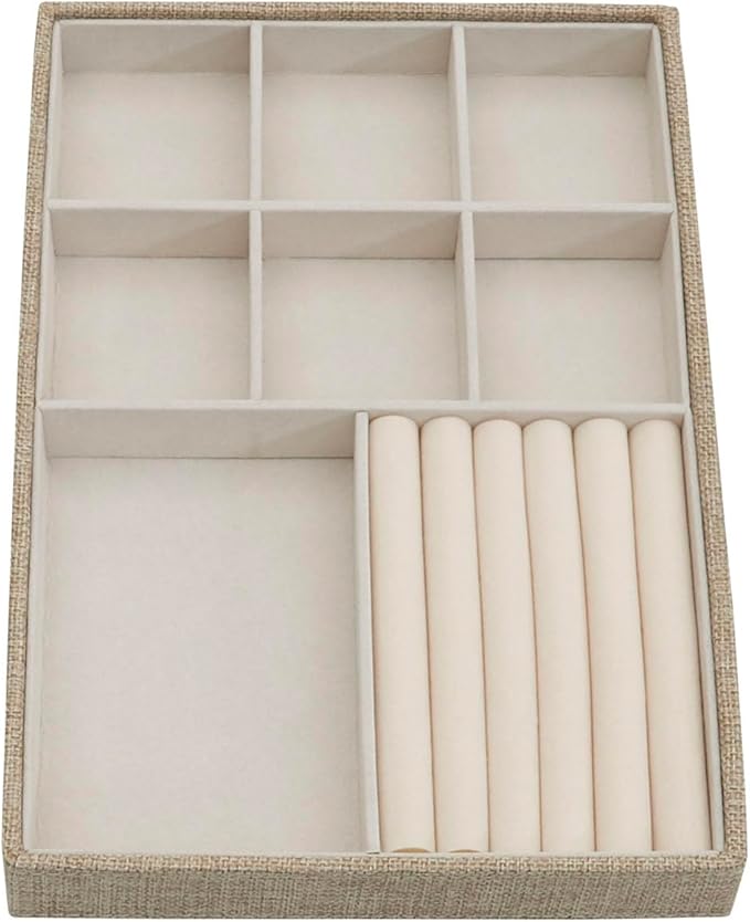 Household Essentials Stackable Jewelry Trays, 3 Varieties, Space for Necklaces, Rings and Earrings, Blended Canvas with Felt Interior, Perfect for Drawers and Closet Shelves, Latte