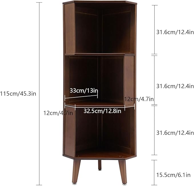 3-Tier Corner Storage Cabinet, 45.3 inch Modern Triangle Storage Shelf with Baffles for Office, Study, Library, Bedroom