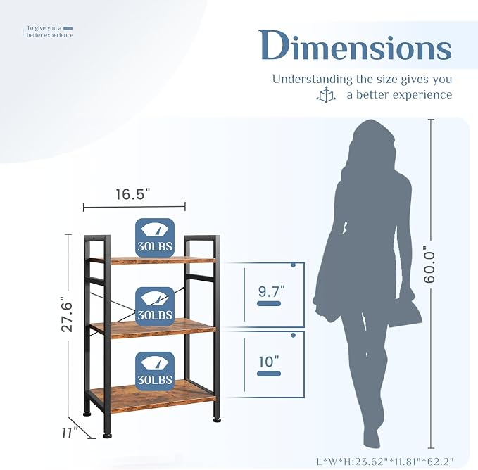 DUMOS 3 Tiers Open Bookshelf, Classic Freestanding Tall Display Shelf, Multifunctional Storage Organizer Rack for Living Room Home Office, Sturdy Bookcase for CDs/Books/Movies, Brown | Multifunctional Storage Organizer Rack for Living Room Home Office,...