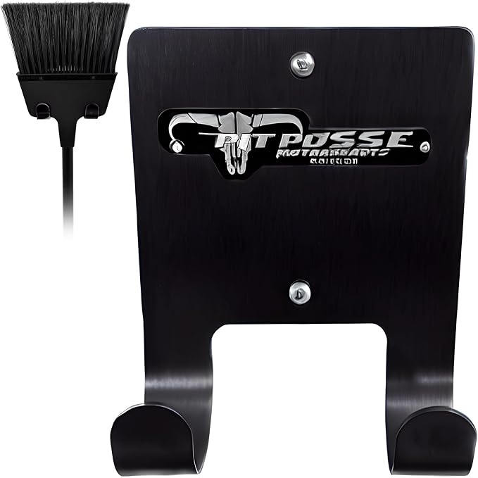 Pit Posse PP3187BK Aluminum Broom Holder Hanger for Trailer Garage Shop Storage - Made in USA - Whisk/Angle Brooms Wall Mount Utility Rack Caddy Cabinet Organizer for Enclosed Race Trailers (Black)