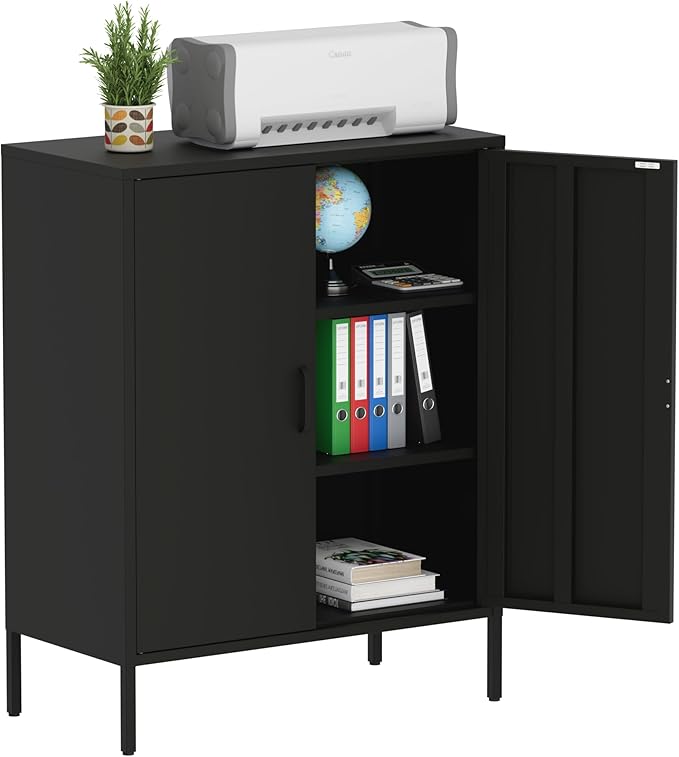 Washsemba Metal Storage Cabinet with Doors and Shelves,Multipurpose Storage Rack, 3-Tier Shelf,Metal Locker Style Accent Cabinet for Home Office,Living Room,Kitchen (Black, 40''H)