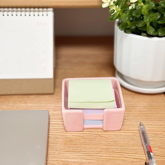 Ceramic Sticky Note Holder, 3 x 3 Sticky Note Dispenser, Pink | Notepad Holder for Desk, Office Essentials Organizer, Desk Organizers and Accessories
