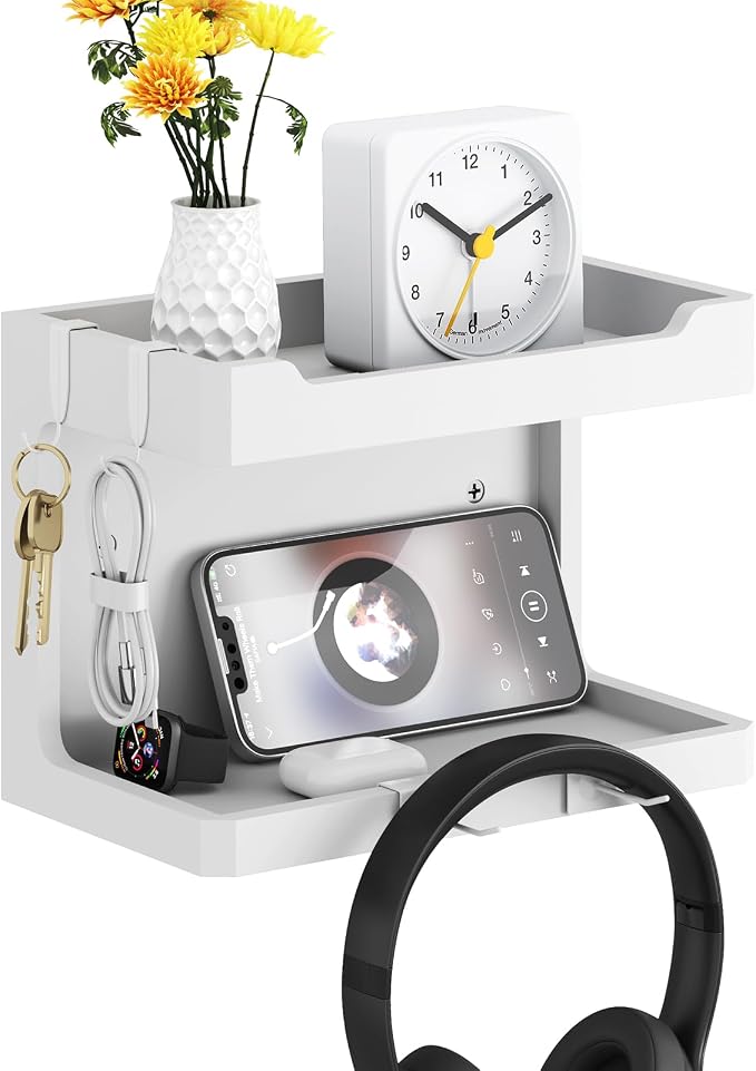 NiHome Bedside Wall Shelf Organizer, Wood 2-Tier Floating Nightstand, White | Dual Mount Adhesive Or Screw, 4 DIY Hooks, Cell Phone Glasses Holder, College Dorm Room Essentials