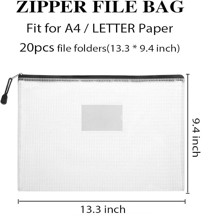 Sooez 20 Pack Mesh Zipper Pouch Bags, A4 Letter Size Zipper Bag with Label Pocket, Waterproof Bag for Classroom Organizer, School Office Supplies, Storage Pouches for Board Game Toy Storage, Black