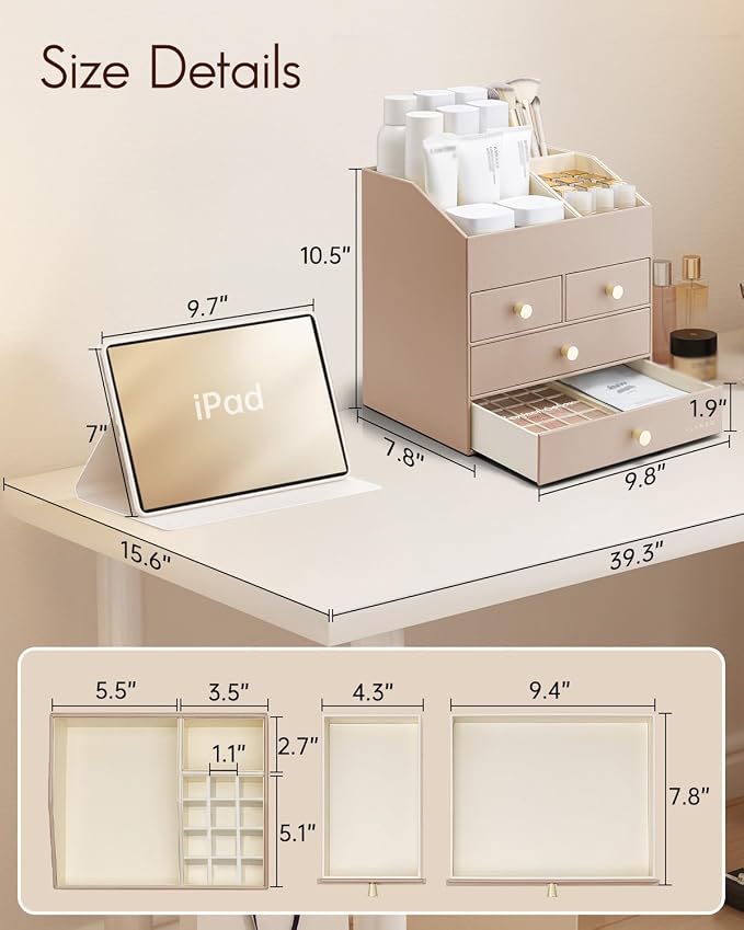 VLANDO Makeup Organizer,Vanity Organizer with Drawers, PU Leather Skincare Organizer Perfume Organizer,Large Cosmetic Display Case for Lipstick,Brushes Gifts for Women, Toffee, 4 Layer