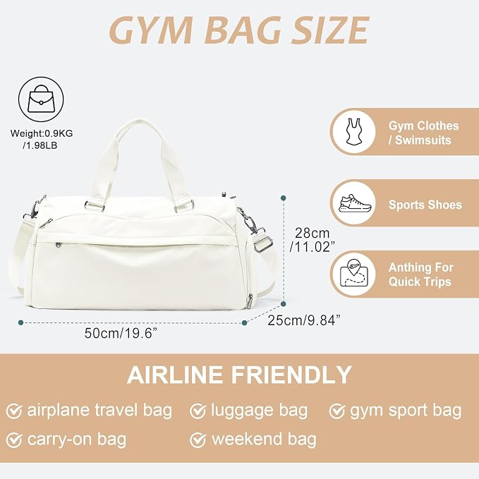 Gym Bag for Women Men with Shoe Compartment,Waterproof Sports Duffle Bag for Travel Weekender Overnight Carry on Bag Gym Tote Bags Workout Bag for Swimming Yoga Hospital Holdalls Beige