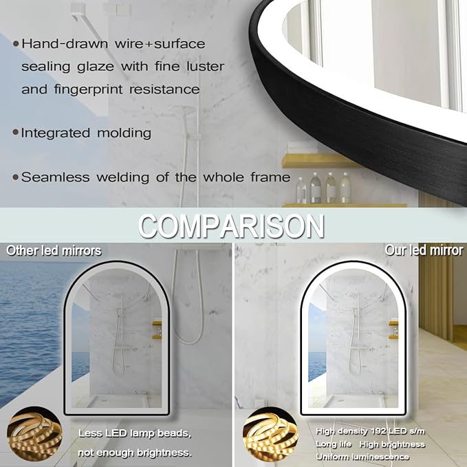 THEKLA 32 x 24 Inch Black Arch Vanity Mirror with Light Black Frame LED Arched Lighted Mirror for Bathroom Wall Mount 3 Color Adjustable Memory Frontlight 32in Black Framed Arch Smart Light up Mirrors