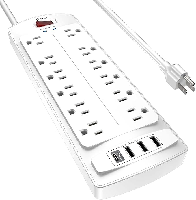 6 Feet Extension Cord Power Strip, Yintar Surge Protector with 12 AC Outlets and 4 USB Ports, 2700 Joules, ETL Listed, White