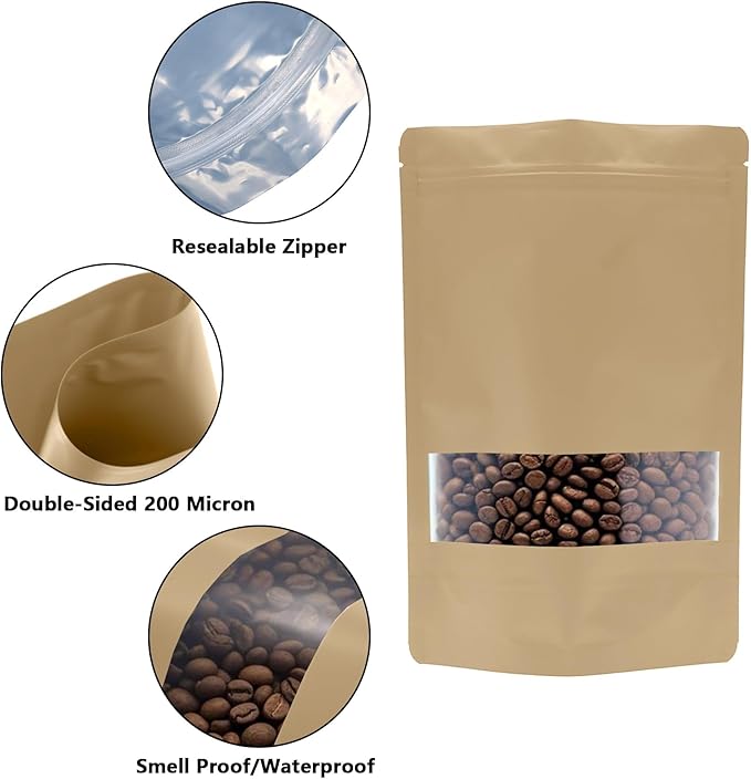 100PCS Foil Pouch Mylar Bags with Clear Window,ULIFESTAR Stand Up Sealable Bags with Tear Notches,Resealable for Food,Party Favors,Gift Packaging and Small Business(12 * 20cm/4.72 * 7.87",Gold)