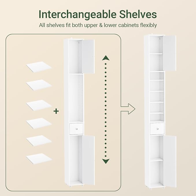 SoBuy Narrow Bathroom Storage Cabinet, 7.8 x 7.8 x 70.8 in, White | Anti-Tipping Narrow Freestanding Bathroom Cabinet With Adjustable Shelves, Slim Storage For Tight Bathroom Corners, BZR34-W