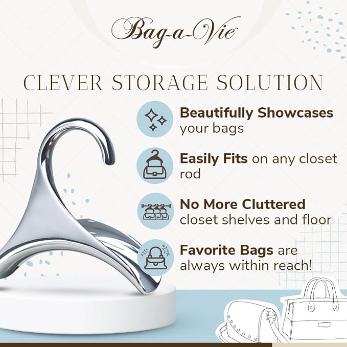 Bag-a-Vie Purse Hanger for Closet - Handbag Organizer Hooks for Hanging Bags & Purses, Protecting Bag Shape & Organizing Space (1 Hanger, Silver Metal)