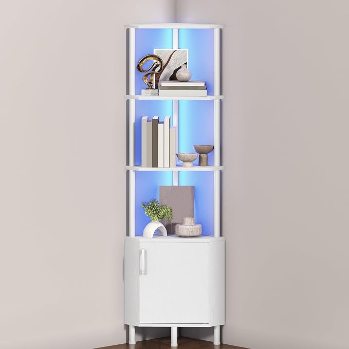 HOOBRO Corner Cabinet with LED Light, Corner Shelf Stand with Storage and Doors, 5-Tier Industrial Corner Bookshelf, 59” Tall Display Rack Shelf, for Living Room, Kitchen, White WT147DCJ01