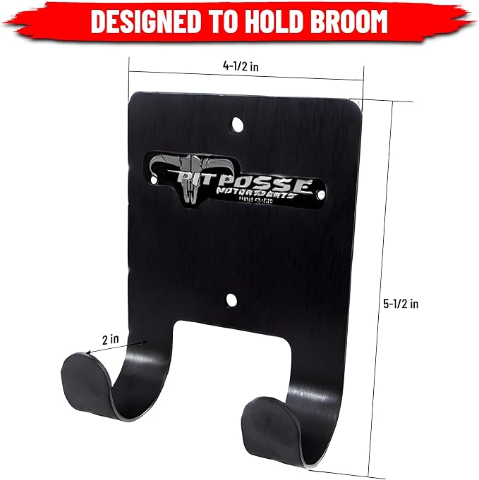 Pit Posse PP3187BK Aluminum Broom Holder Hanger for Trailer Garage Shop Storage - Made in USA - Whisk/Angle Brooms Wall Mount Utility Rack Caddy Cabinet Organizer for Enclosed Race Trailers (Black)